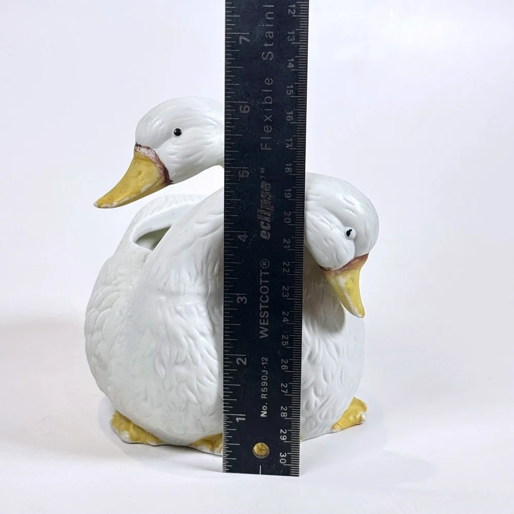 Vintage Double Duck White Cuddle Ducks Geese Figurine Planter Pot